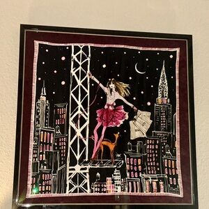 Henri Bendel Black and Pink Cityscape Silk Scarf